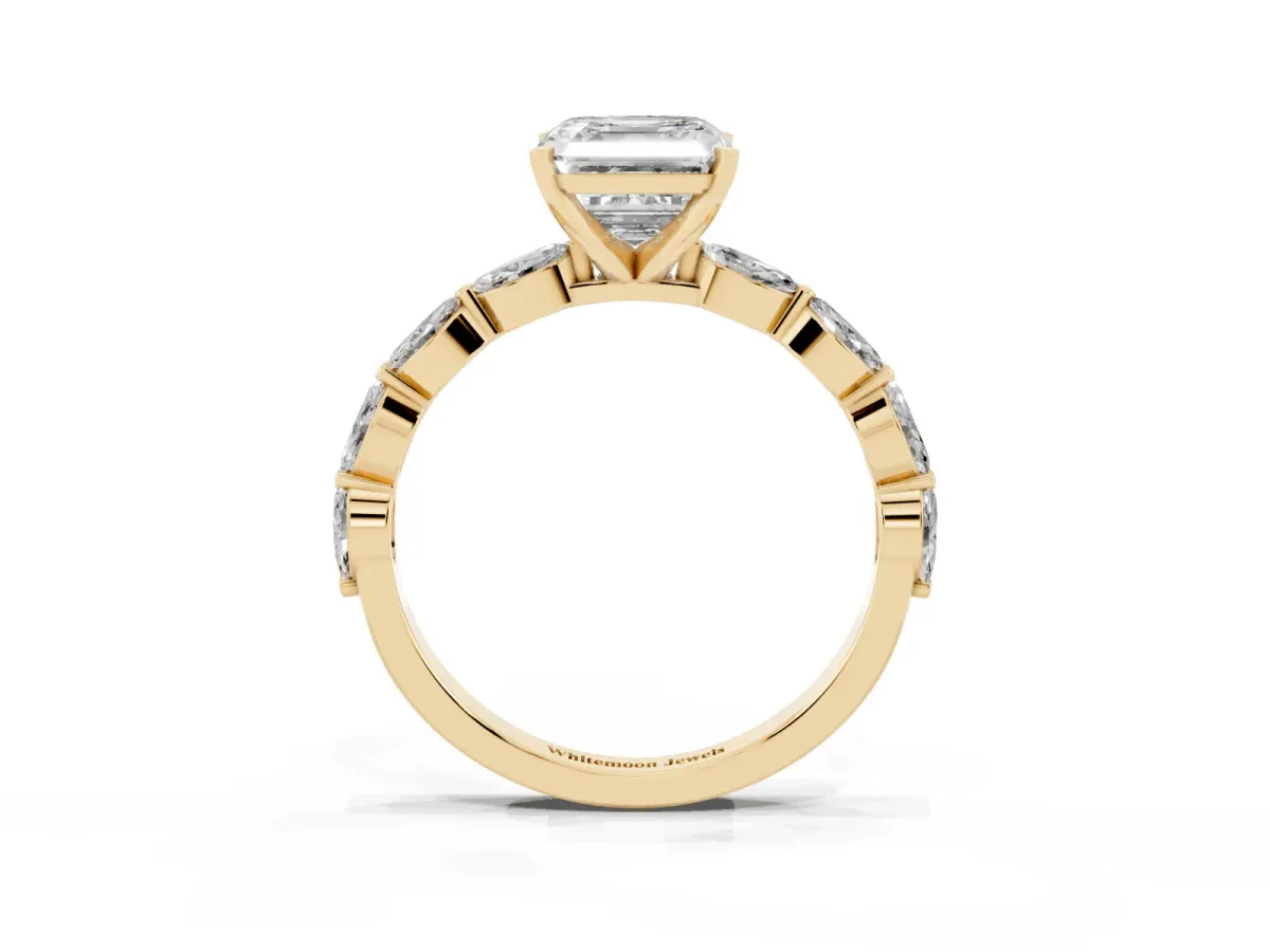 Asscher Cut Diamond Ring with Marquise Side Stones and Prong Setting Yellow gold
