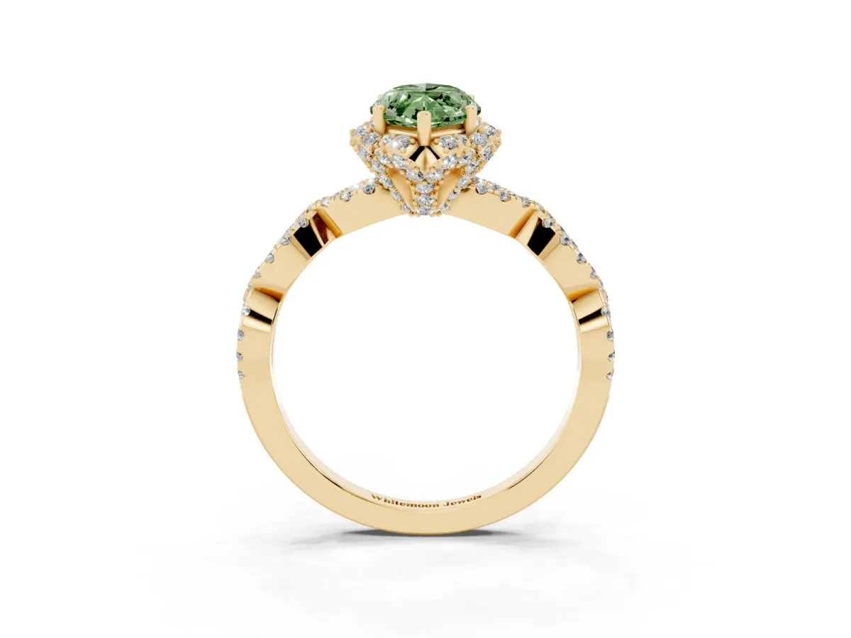 Fancy Green Marquise Cut Halo Twist Band Solitaire Ring with Six-Prong Setting Yellow gold