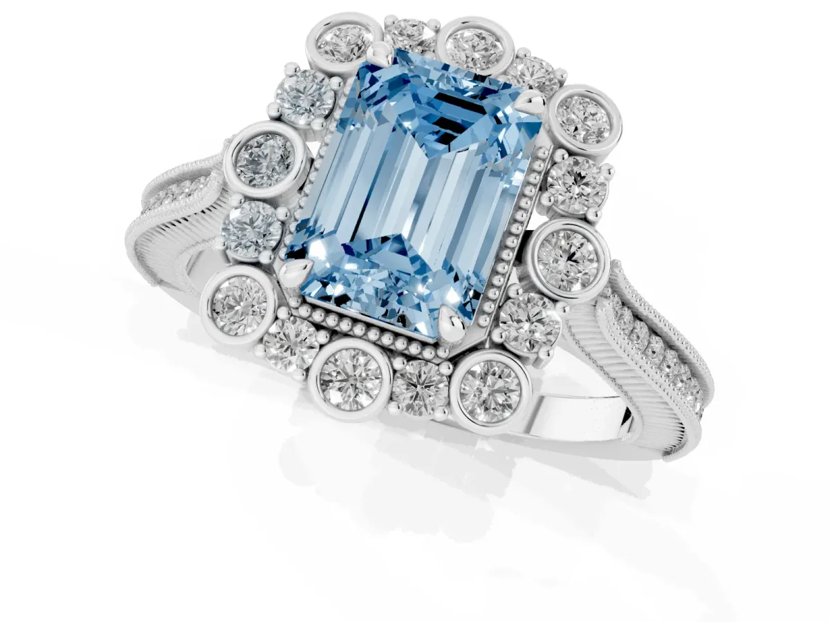 Fancy Blue Emerald Cut Halo Milgrain Pave Diamond Ring with Four-Prong Setting Silver