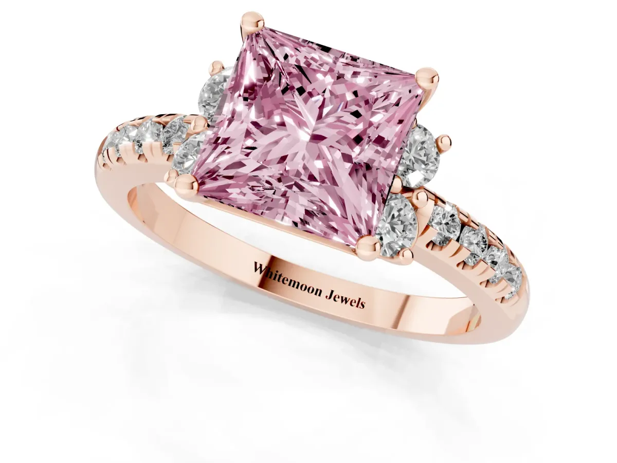 Fancy Pink Princess Cut Diamond Three-Stone Pave Band with Four-Prong Setting Rose gold