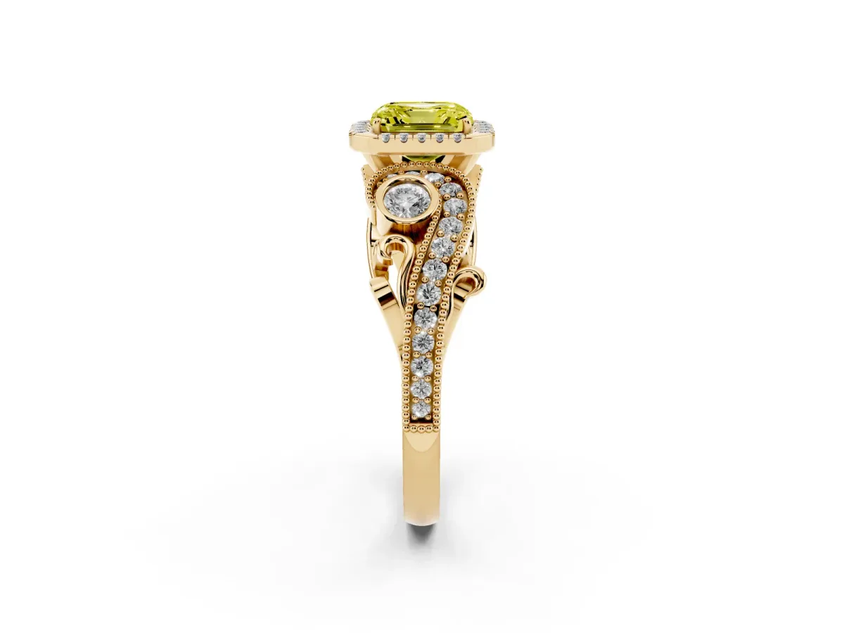Fancy Yellow Asscher Cut Diamond Halo Ring with Milgrain Pavé Band and Four-Prong Setting Yellow gold
