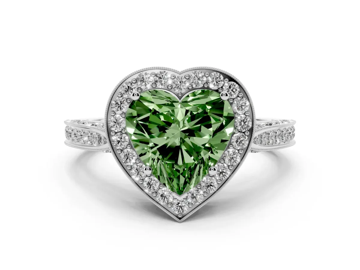 Fancy Green Heart Cut Halo Diamond Engagement Ring with Split Shank Band and Four-Prong Setting Silver