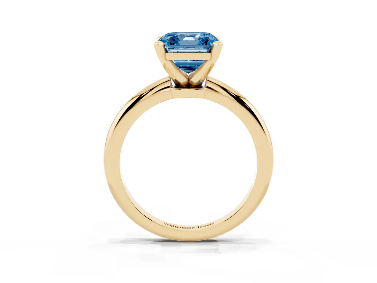 Fancy Blue Asscher Cut Diamond Solitaire Ring with Prong Setting and Classic Band Yellow gold