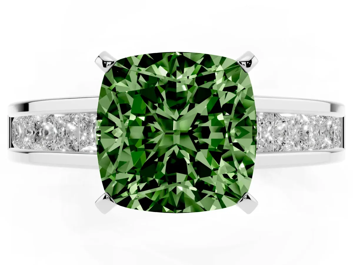 Fancy Green Cushion Cut Solitaire Diamond Ring with Channel-Set Band and Four-Prong Setting White gold