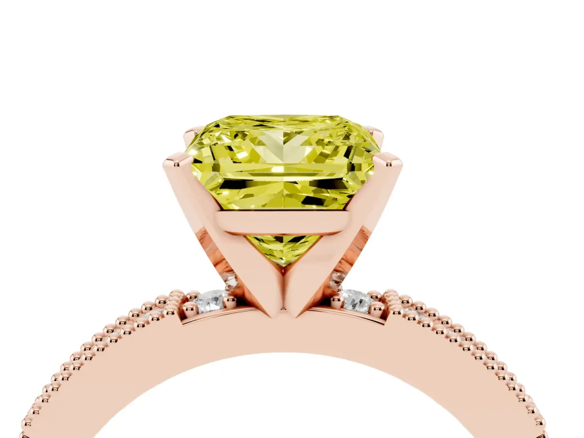 Fancy Yellow Princess Cut Solitaire with Pavé Band and Four-Prong Setting Rose gold