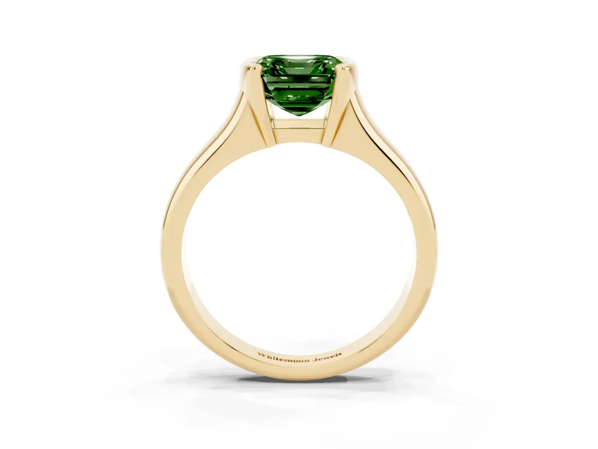 Fancy Green Asscher Cut Solitaire Tension Set Diamond Ring with Split Shank Band Yellow gold