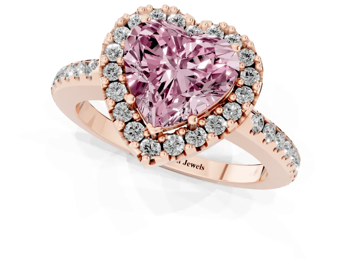 Fancy Pink Heart Cut Diamond Pavé Halo Ring with Four-Prong Setting Rose gold