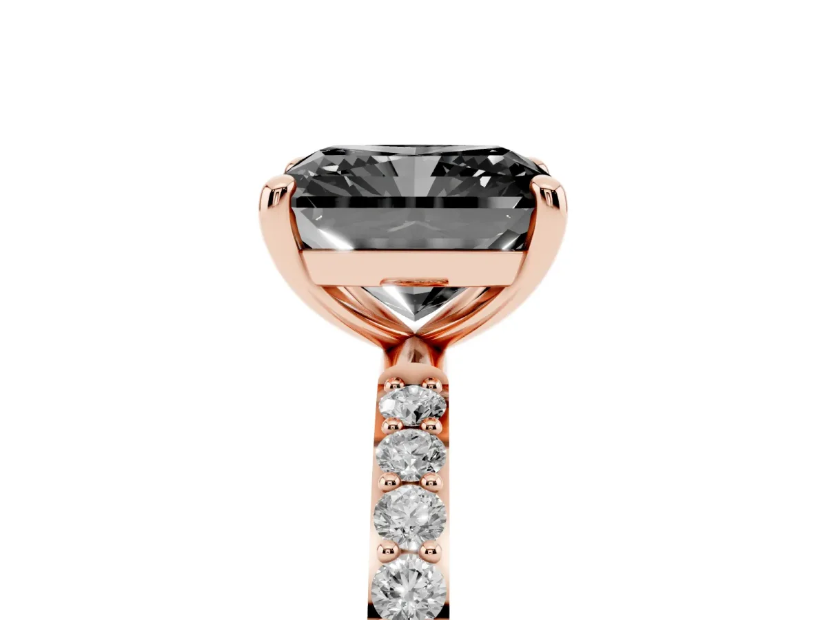 Fancy Black Radiant Cut Diamond Solitaire Ring with Round Pavé Band and Prong Setting Rose gold