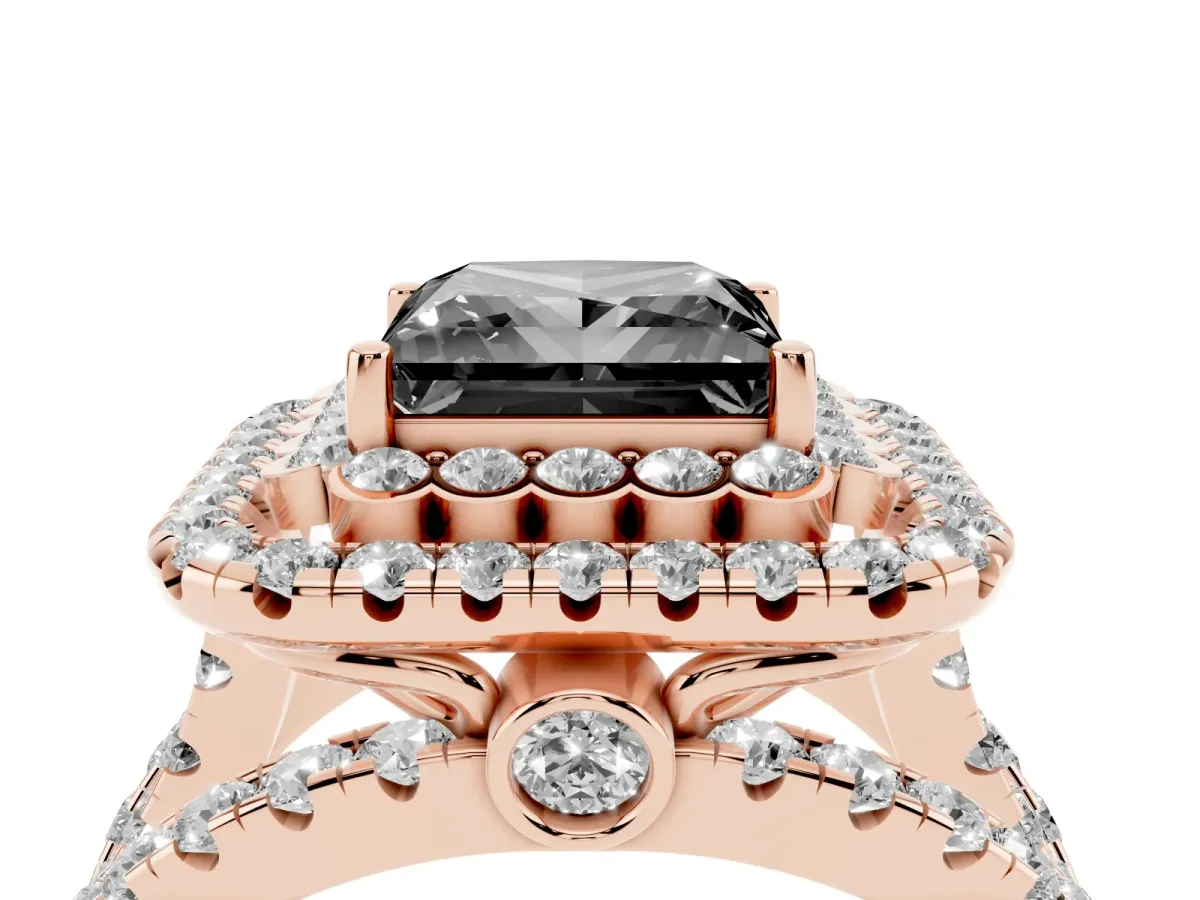Fancy Black Princess Cut Diamond Double Halo Ring with Round Pavé Split Shank and Prong Setting Rose gold