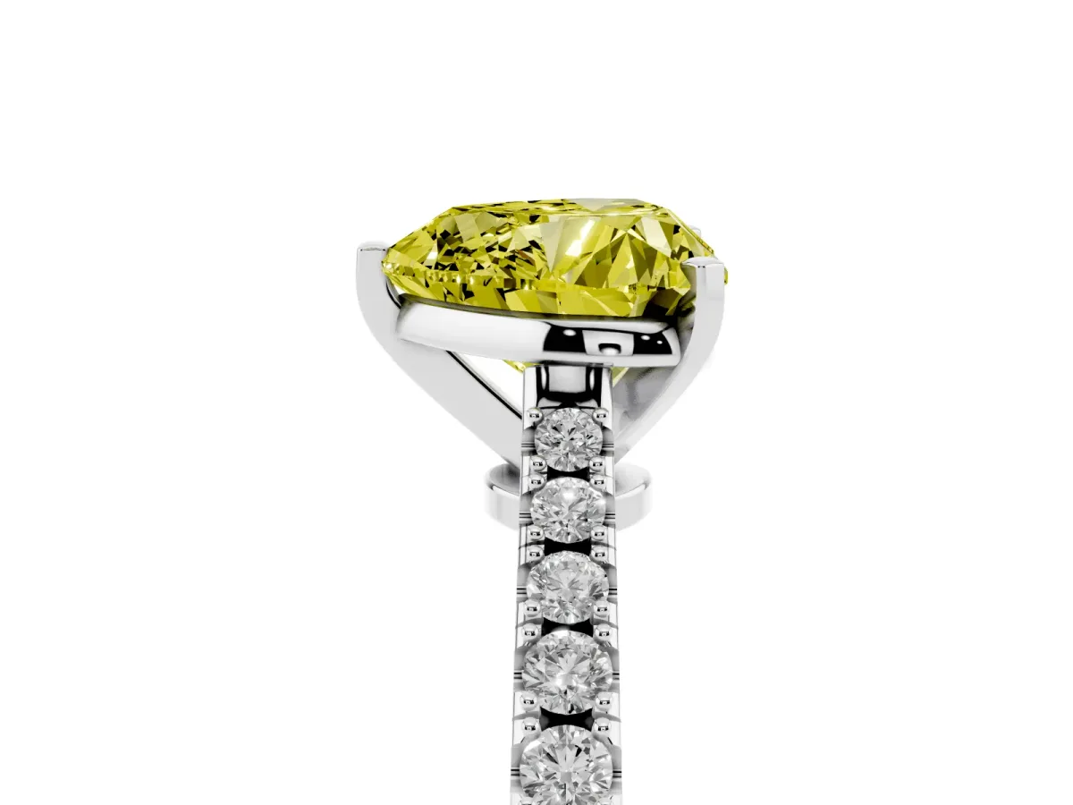Fancy Yellow Heart Cut Cut Solitaire Diamond Engagement Ring with Pave Band and Four-Prong Setting Platinum