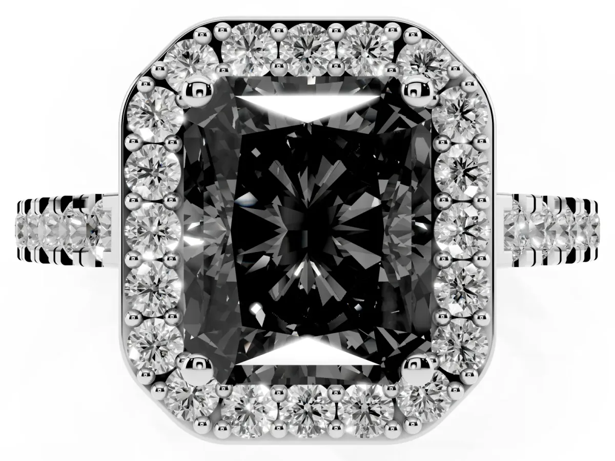 Fancy Black Radiant Cut Diamond Halo Ring with Round Pavé Split Shank and Prong Setting Silver