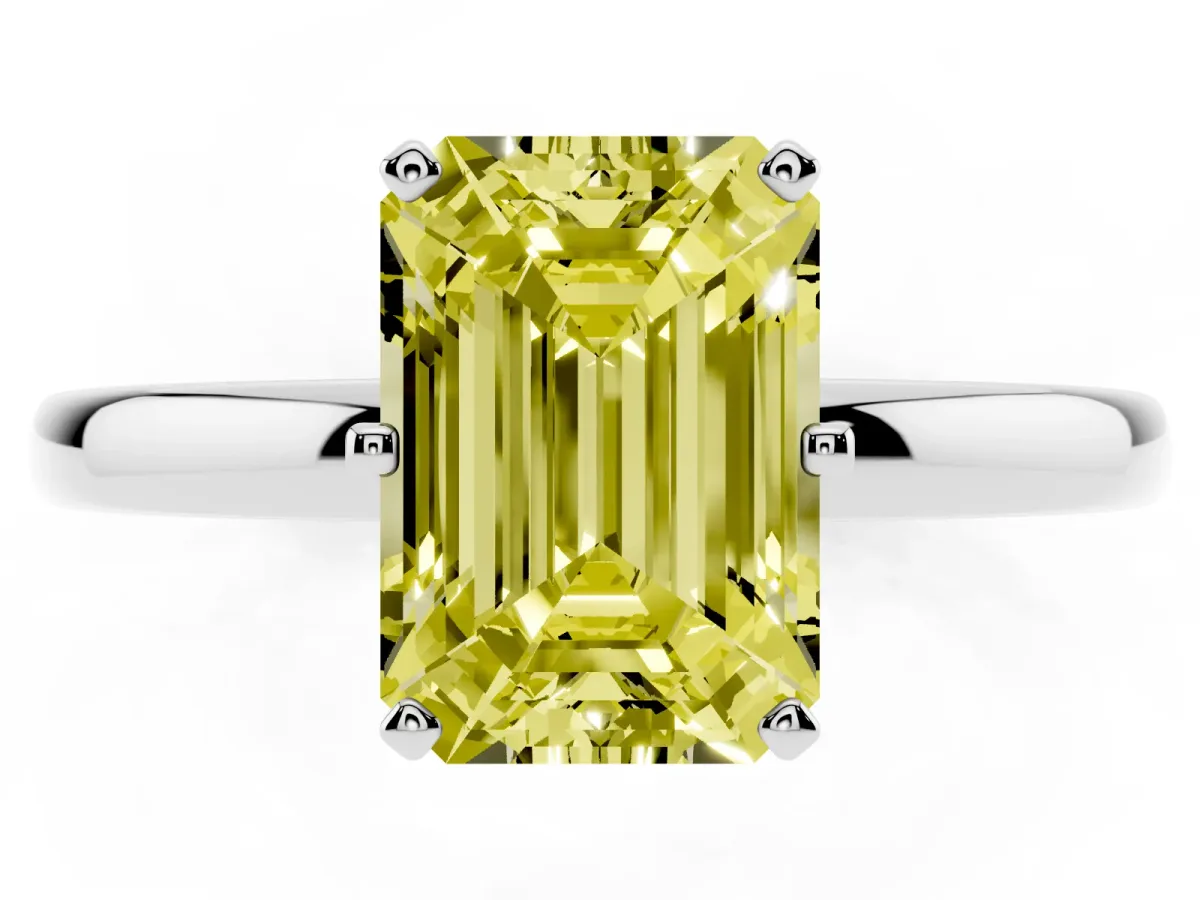 Fancy Yellow Emerald Cut Solitaire Diamond Ring with Six-Prong Setting on a Classic Band Platinum