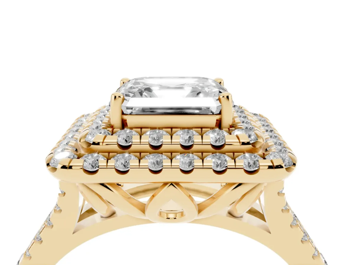 Double Halo Asscher Cut Diamond Pavé Split Shank Ring with Prong Setting Yellow gold