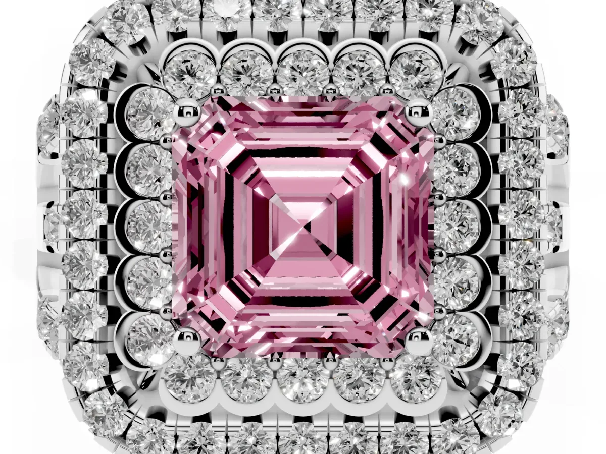Fancy Pink Asscher Cut Diamond Double Halo Ring with Round Pavé Split Shank and Prong Setting Silver