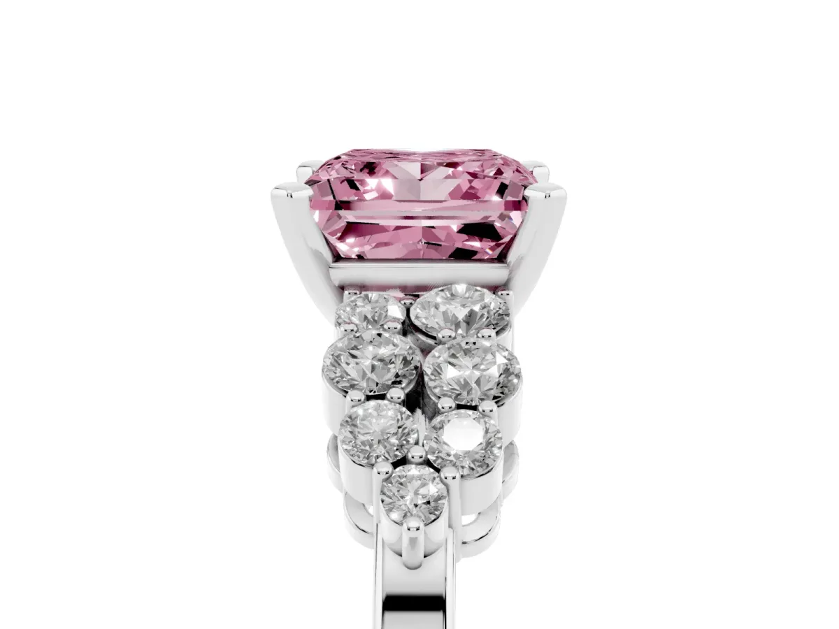 Fancy Pink Princess Cut Cluster Diamond Engagement Ring with Pavé Band and Four-Prong Setting Silver