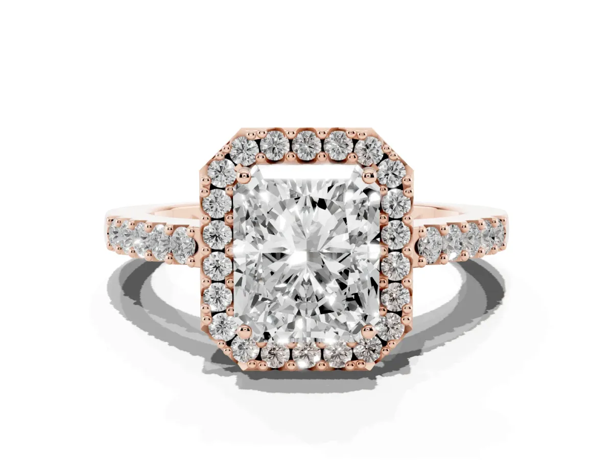Radiant Cut Halo Diamond Pavé Solitaire Ring Rose gold