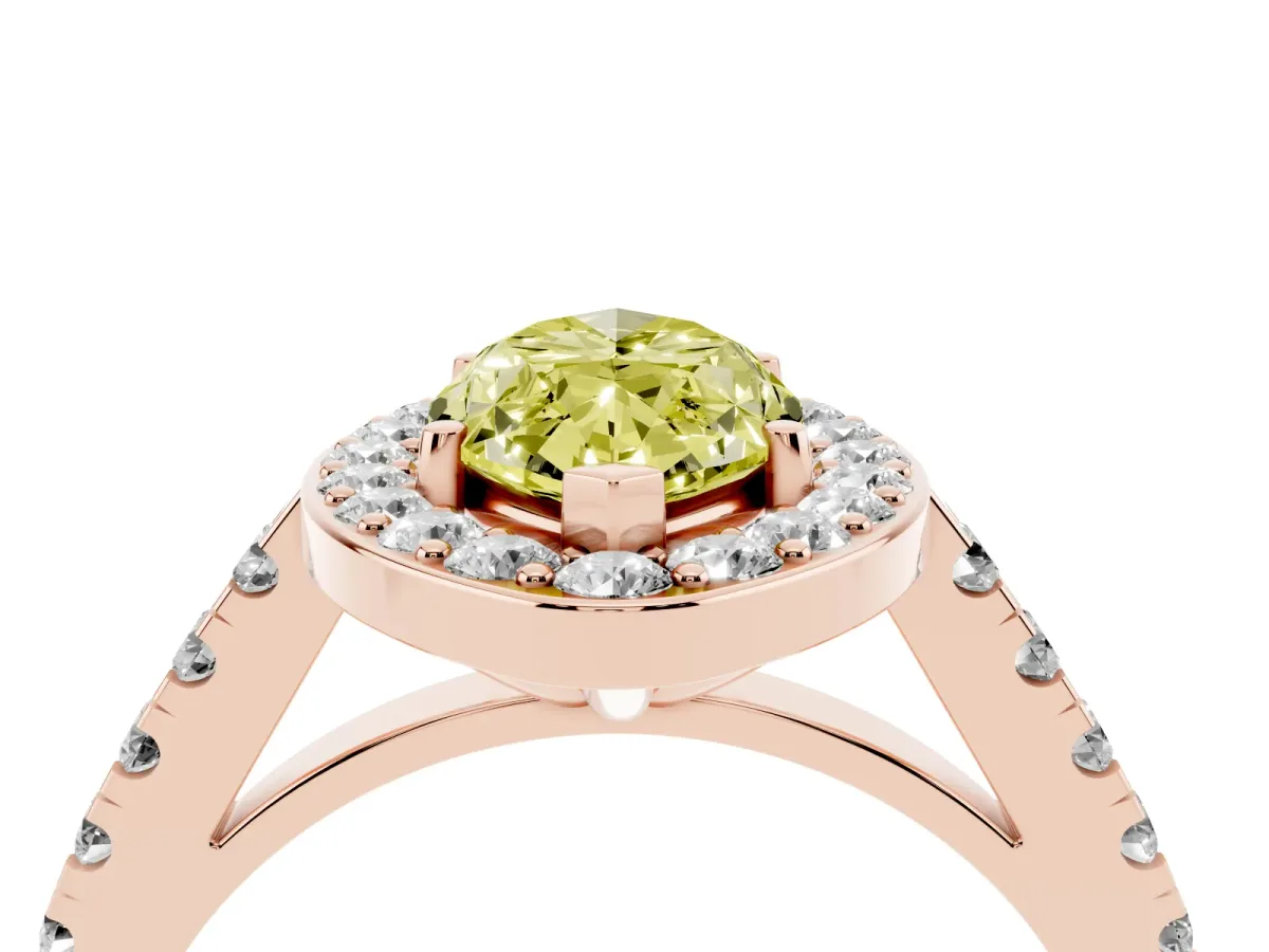 Fancy Yellow Marquise Cut Diamond Halo Ring with Round Pavé Split Shank and Prong Setting Rose gold