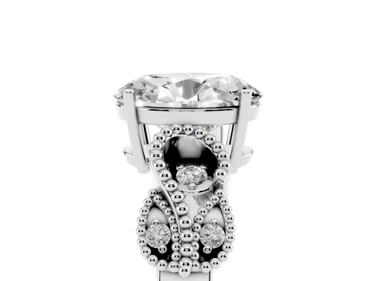 Oval Cut Solitaire Milgrain Leaf Band with Prong Setting Silver