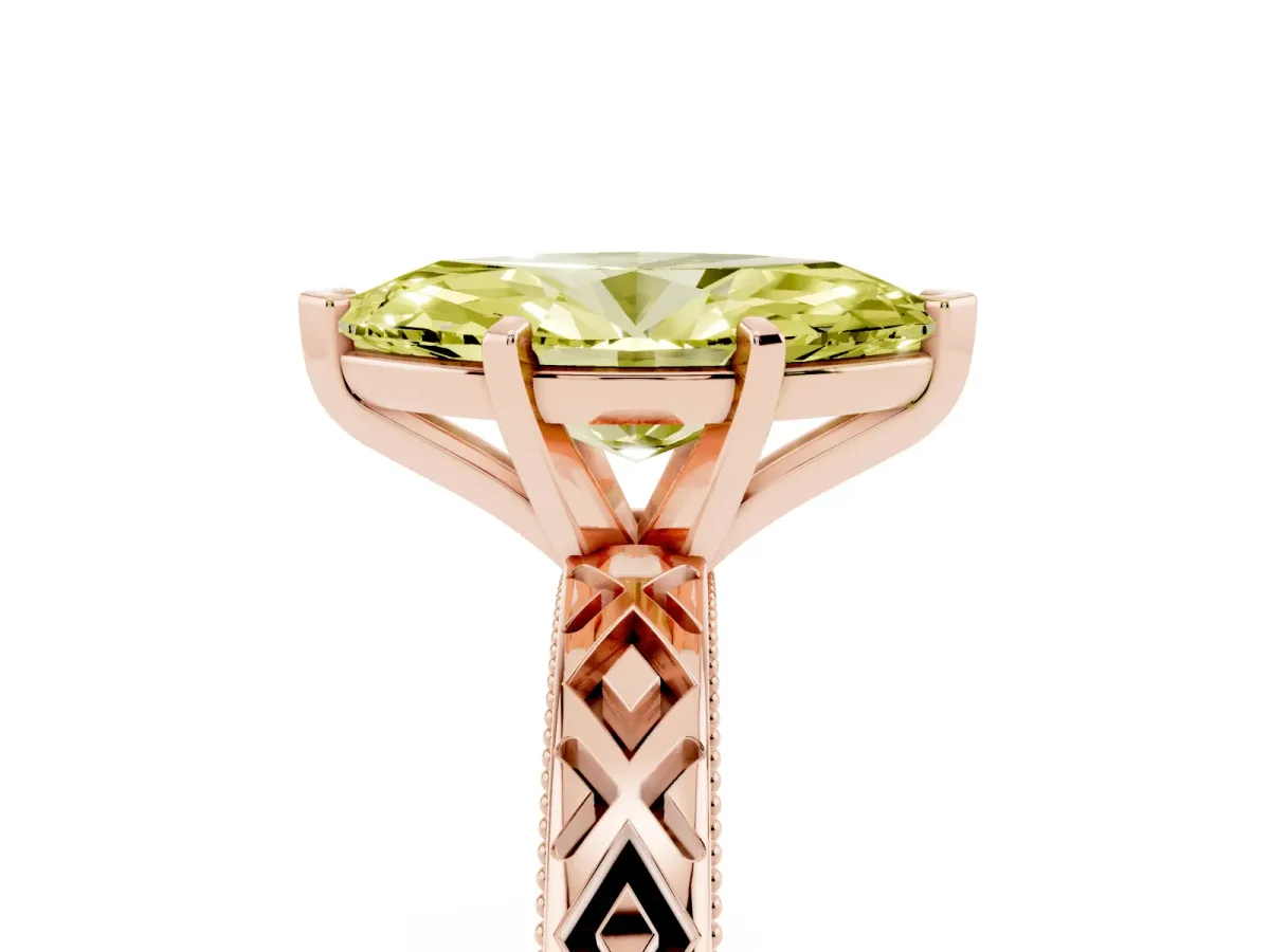 Fancy Yellow Marquise Cut Solitaire Diamond Ring with Milgrain and Black Enamel X Pattern Band Rose gold