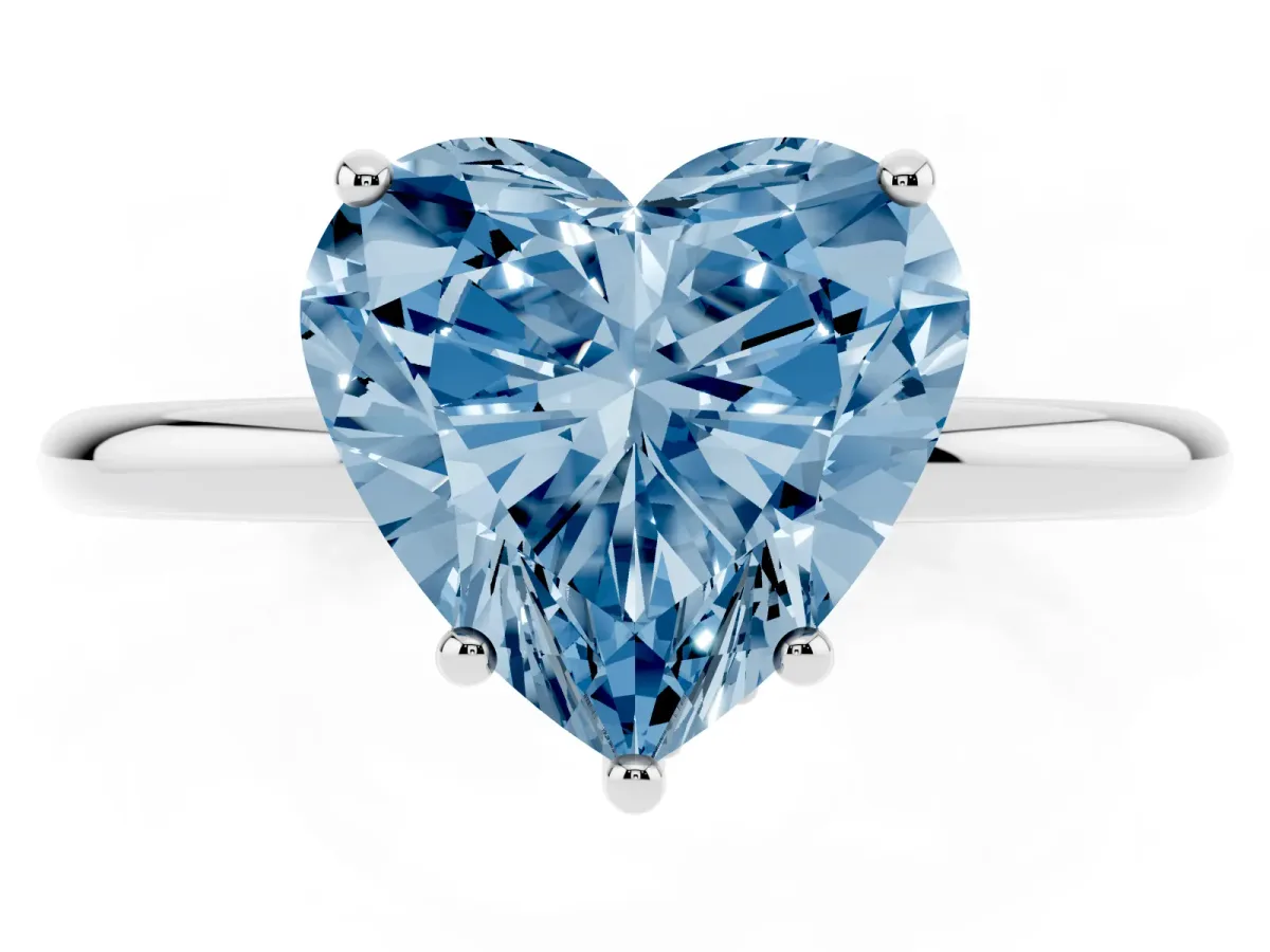 Fancy Blue Heart Cut Solitaire Diamond Ring with a Classic Band and Four-Prong Setting Silver