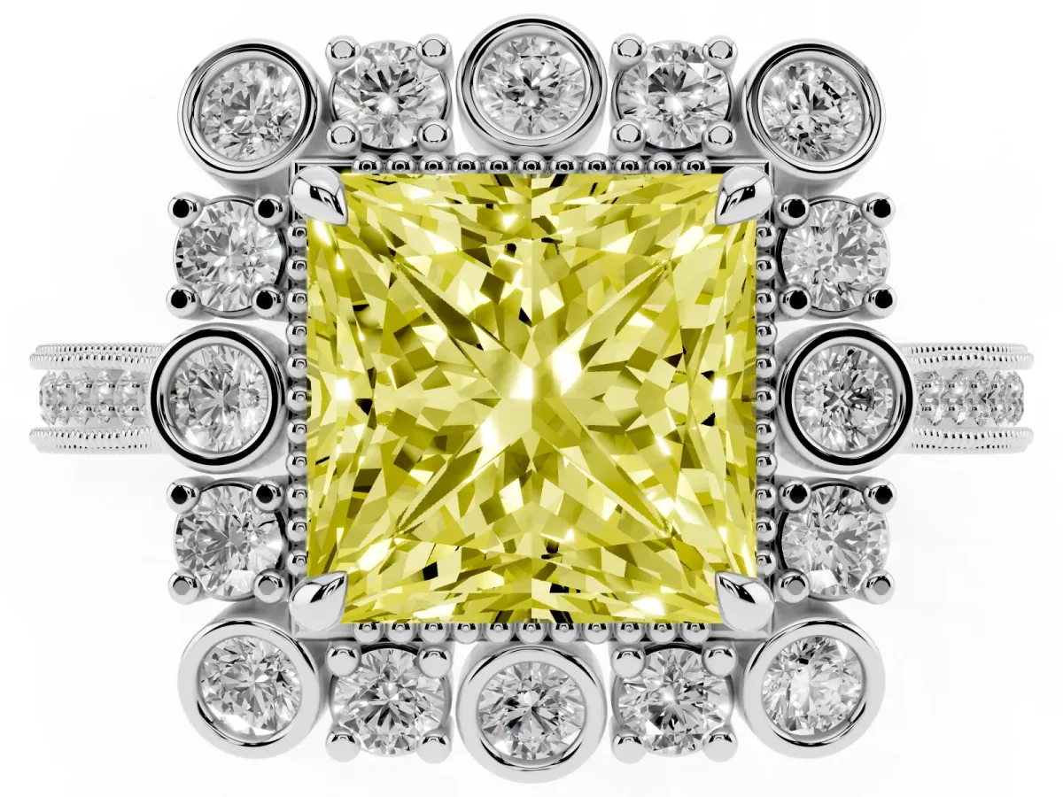 Fancy Yellow Princess Cut Halo Milgrain Pave Diamond Ring with Four-Prong Setting Platinum