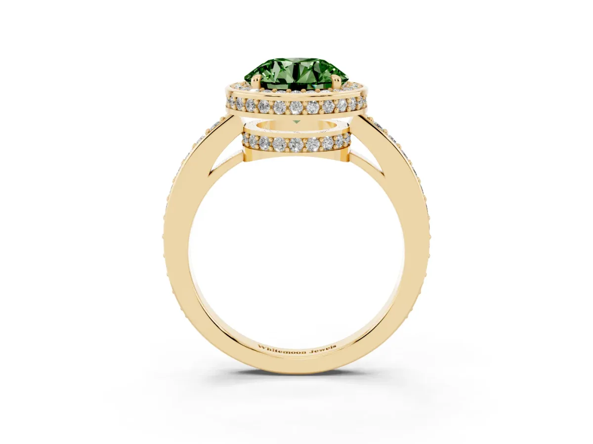 Fancy Green Round Cut Halo Pave Band Solitaire Ring with Prong Setting Yellow gold