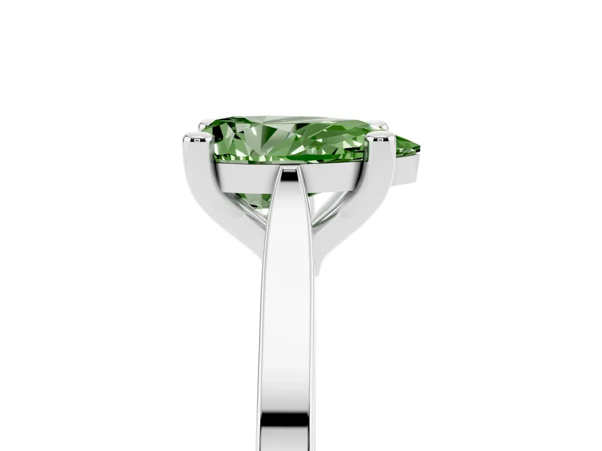 Fancy Green Pear Cut Solitaire Diamond Ring with Four-Prong Setting and Tapered Band Platinum