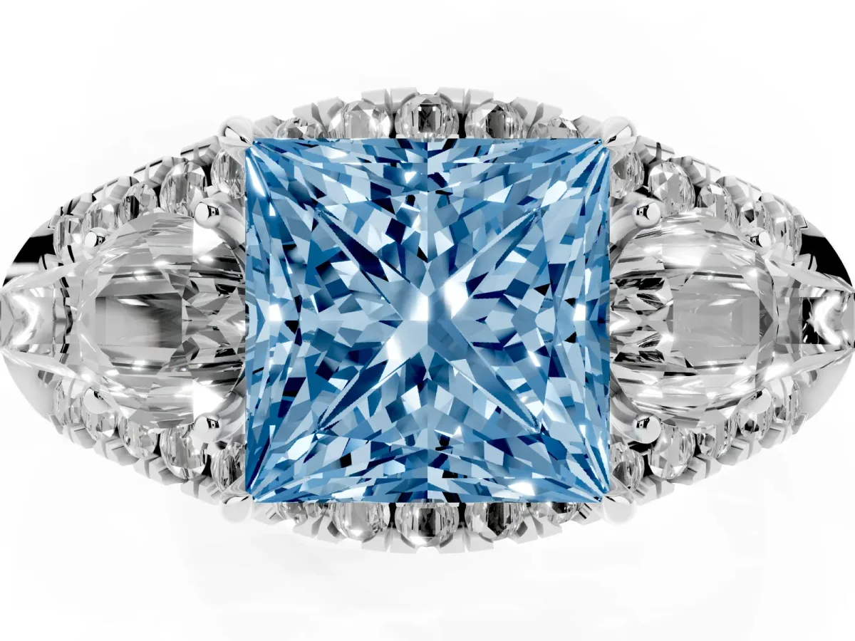 Fancy Blue Three-Stone Princess Cut Diamond Engagement Ring with Pave Band and Prong Setting White gold