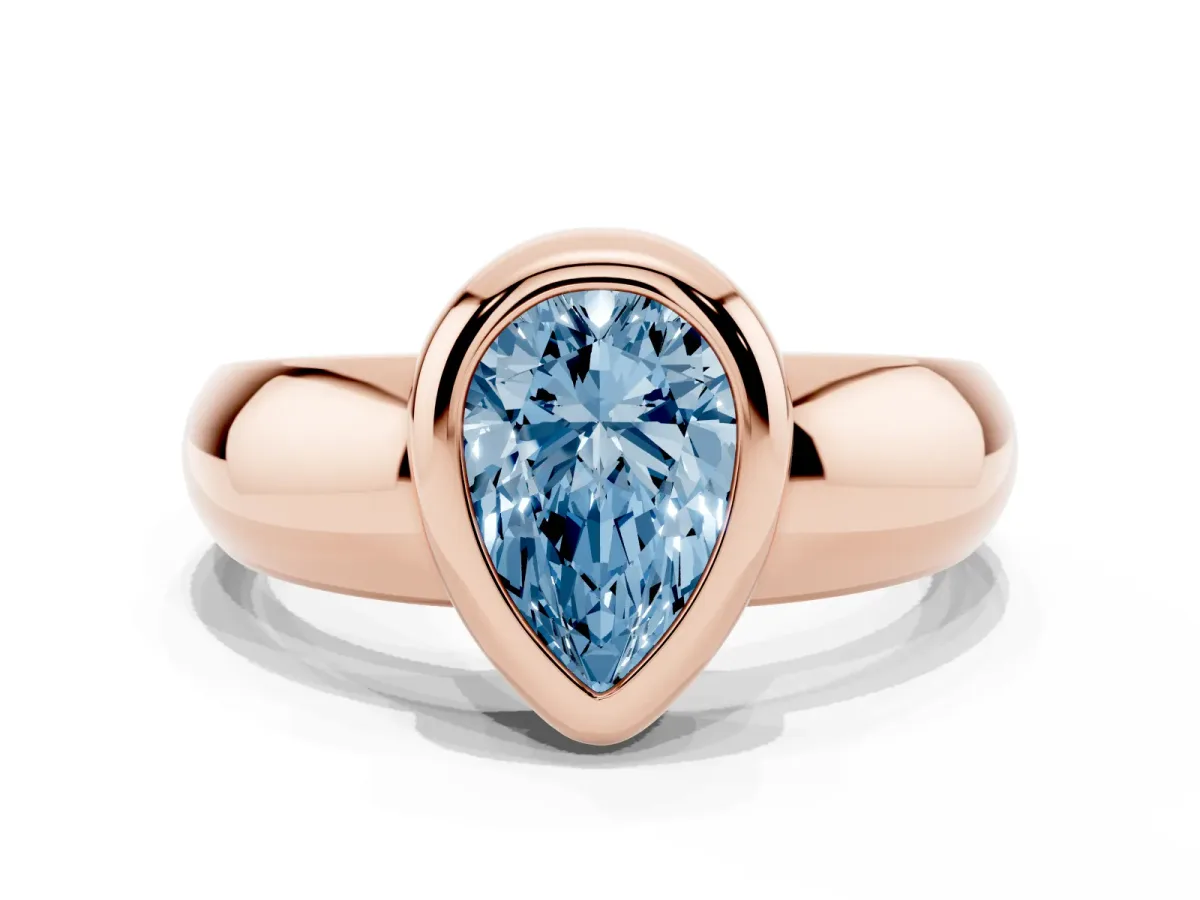 Fancy Blue Bezel Set Pear Cut Solitaire Ring with Wide Band Rose gold