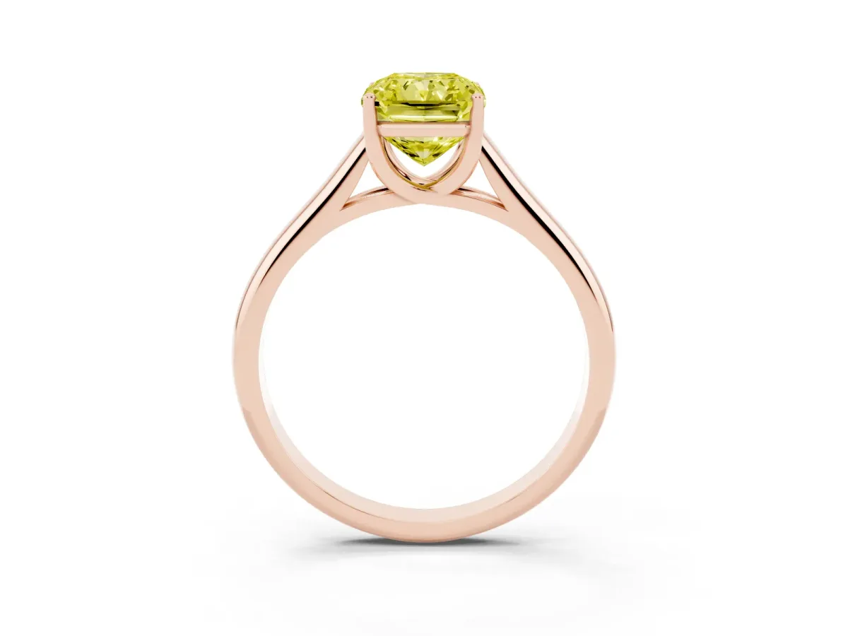Fancy Yellow Radiant Cut Solitaire Engagement Ring with Tapered Band and Four-Prong Setting Rose gold