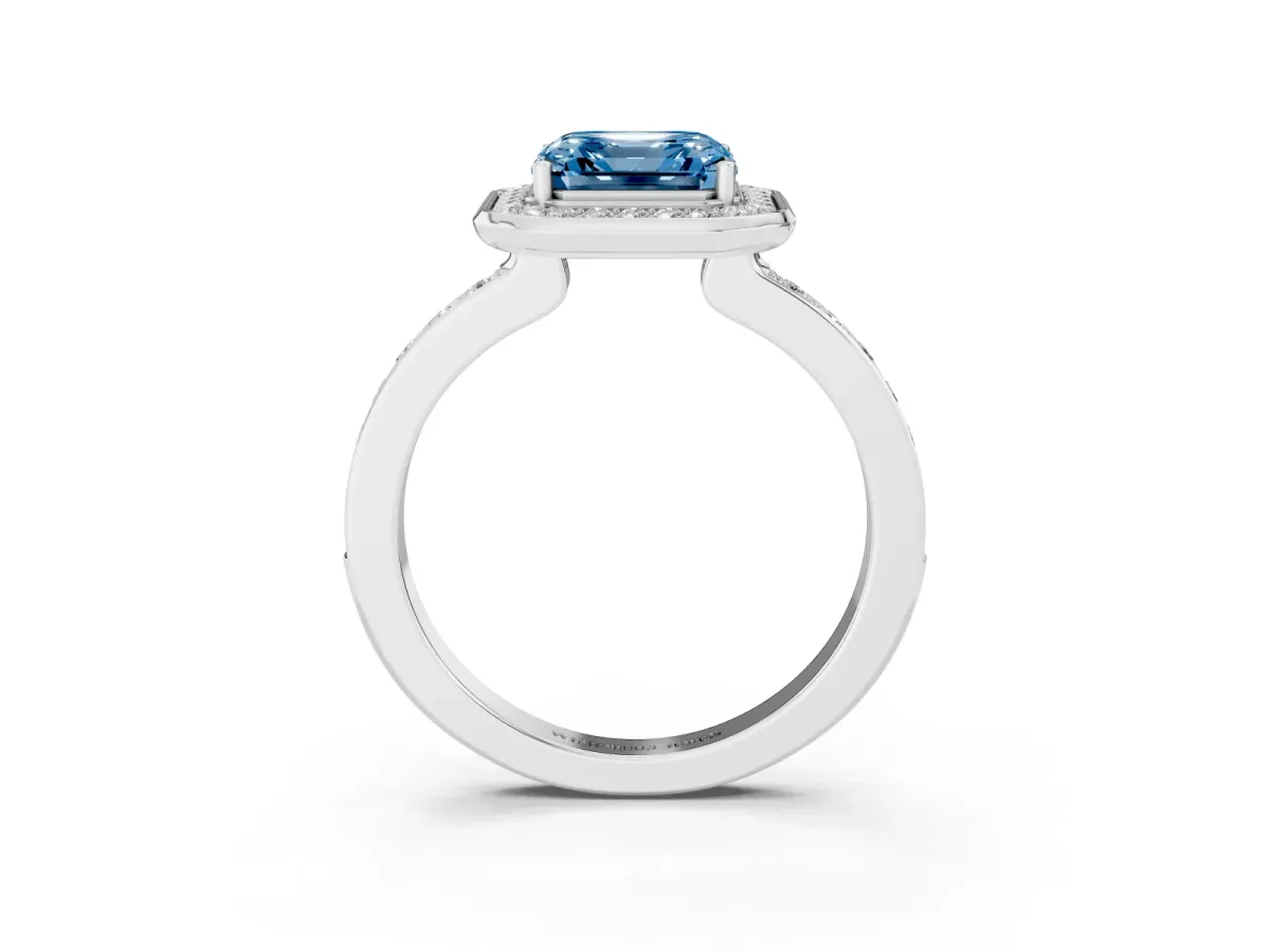 Fancy Blue Asscher Cut Diamond Halo Ring with Bezel Frame and Pavé Band Silver