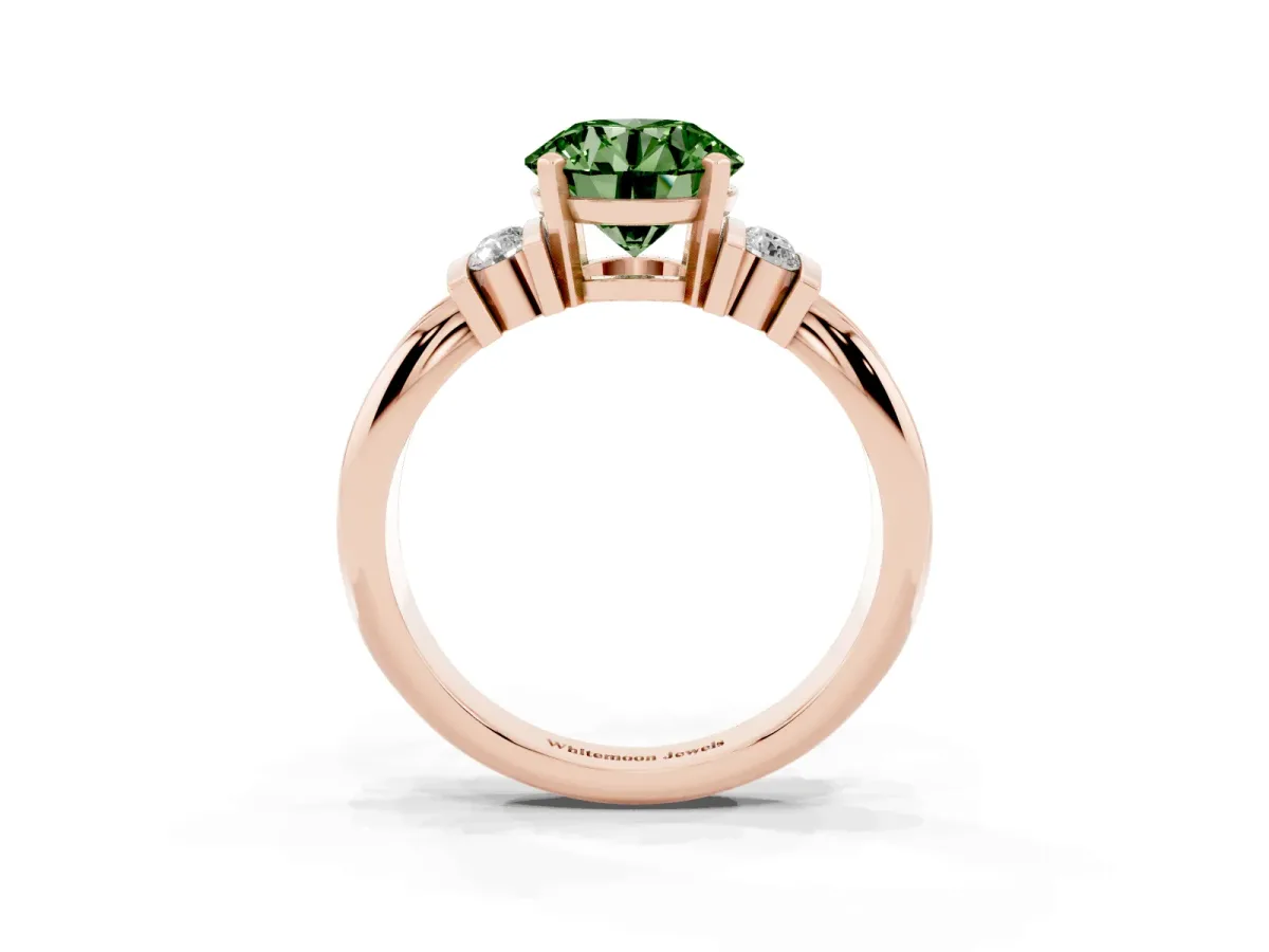Fancy Green Round Cut Cut Three-Stone Channel Set Ring with Bar Prongs Rose gold