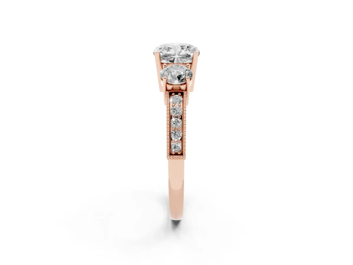 Cushion Cut Three-Stone Diamond Ring with Pavé Band and Four-Prong Setting Rose gold