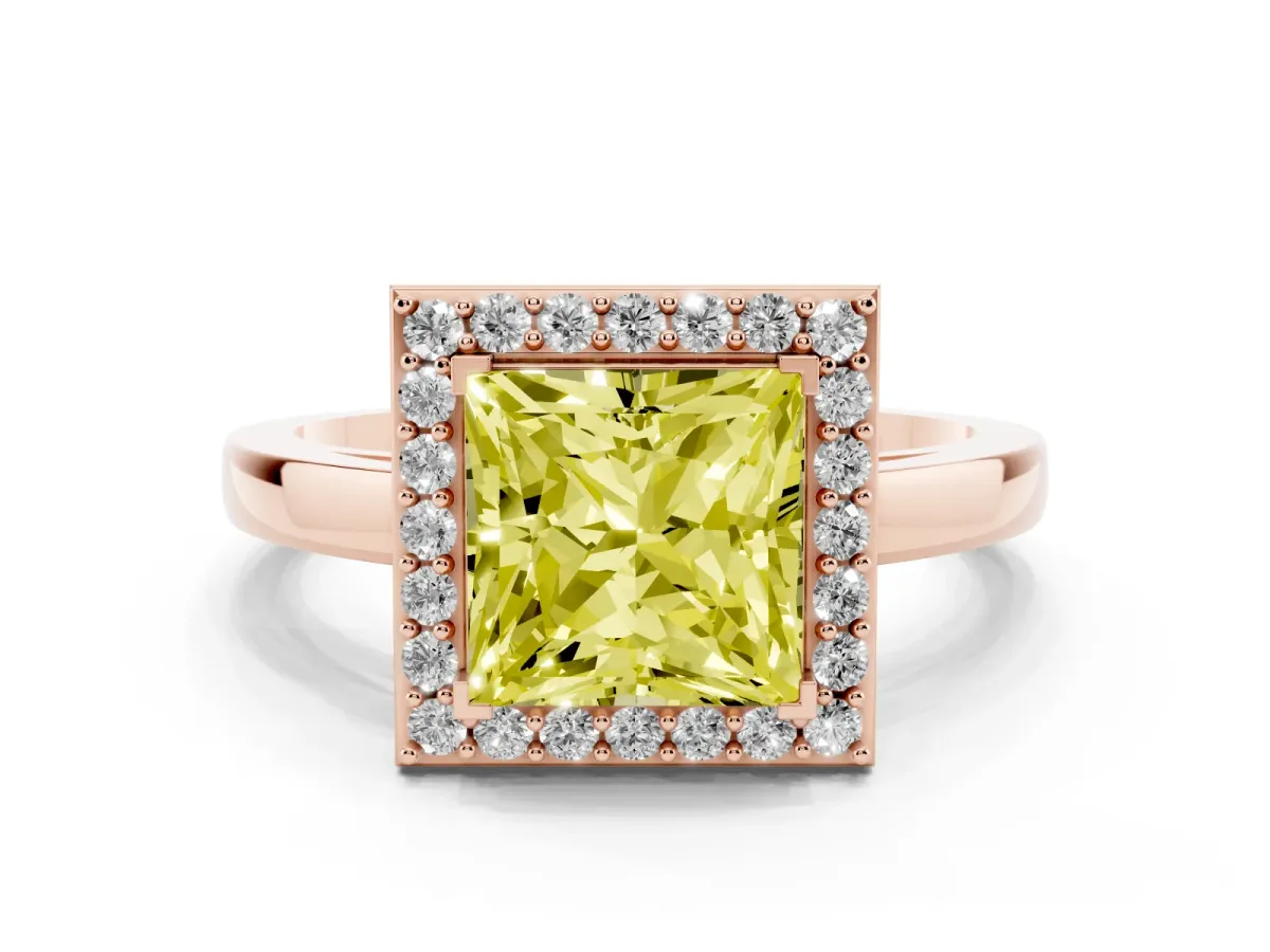 Fancy Yellow Princess Cut Halo Diamond Ring with Solitaire Band and Prong Setting Rose gold