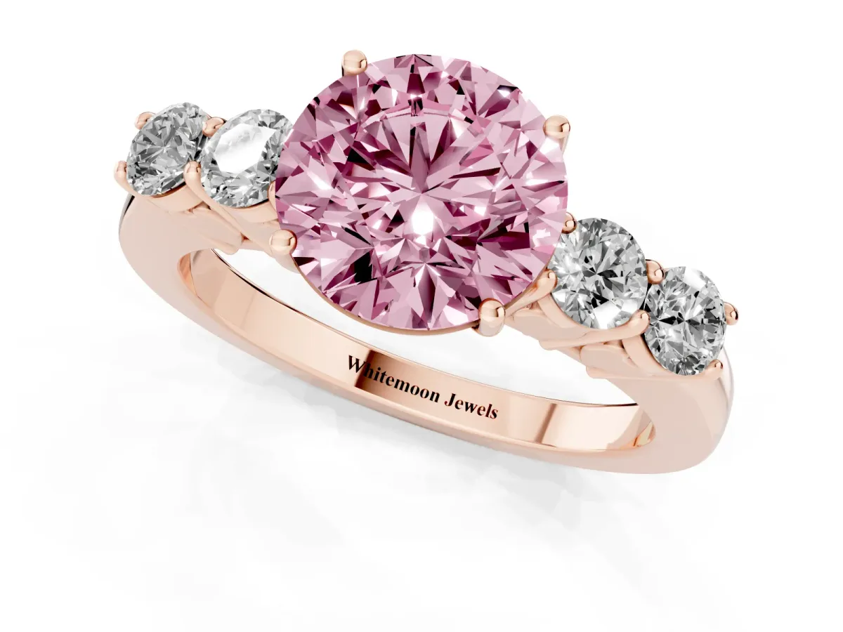 Fancy Pink Round Cut Cut Diamond Five-Stone Prong Set White Gold Ring Rose gold