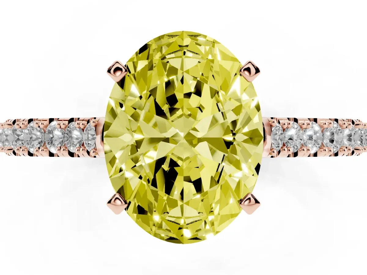 Fancy Yellow Oval Cut Cut Solitaire Diamond Engagement Ring with Pave Band and Four-Prong Setting Rose gold