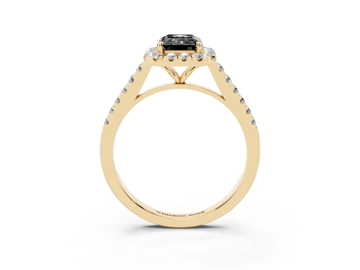 Fancy Black Emerald Cut Halo Pave Diamond Engagement Ring with Four-Prong Setting Yellow gold