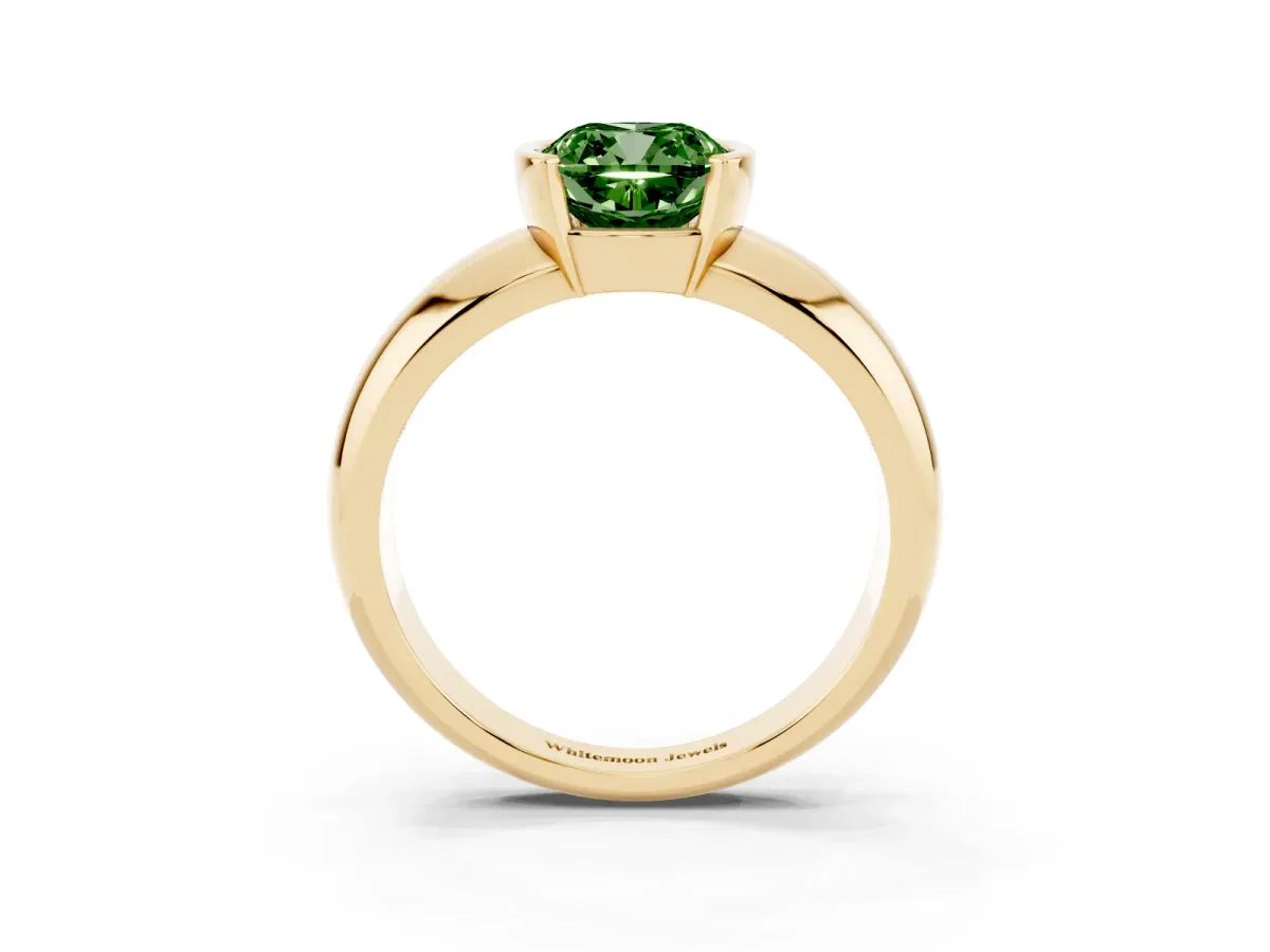 Fancy Green Cushion Cut Solitaire Tension Set Diamond Ring with Wide Band Yellow gold