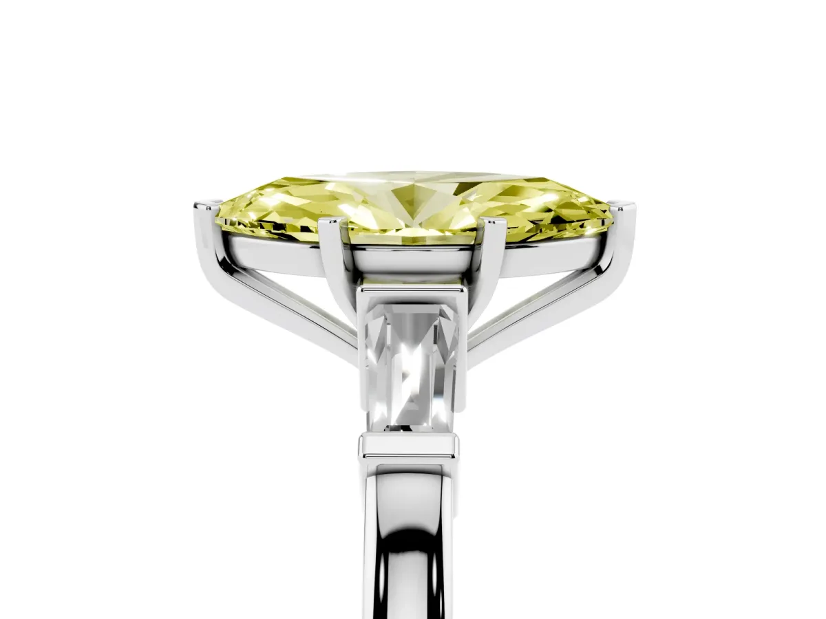 Fancy Yellow Marquise Cut Cut Diamond Solitaire Ring with Tapered Baguette Accents and Four-Prong Setting Silver