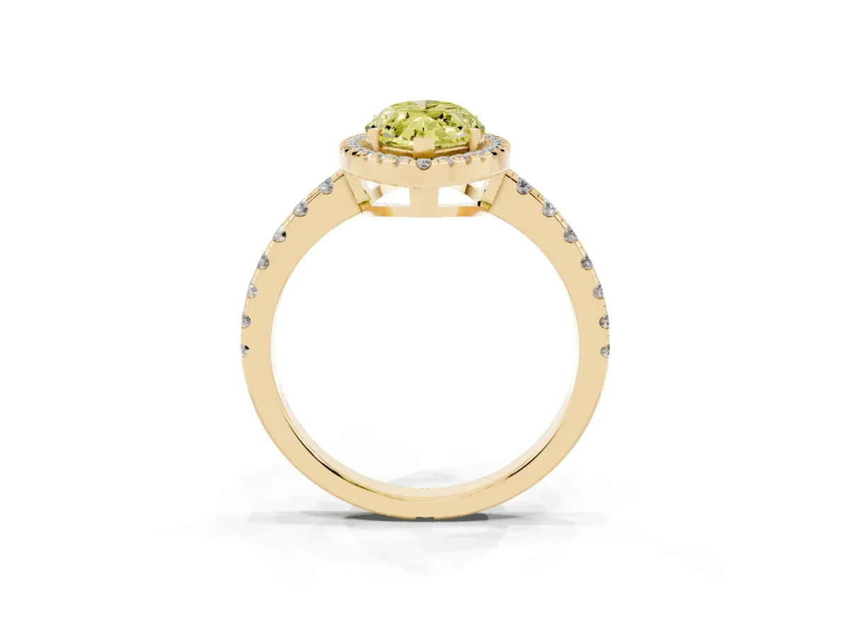 Fancy Yellow Marquise Cut Diamond Halo Ring with Pavé Band and Four-Prong Setting Yellow gold