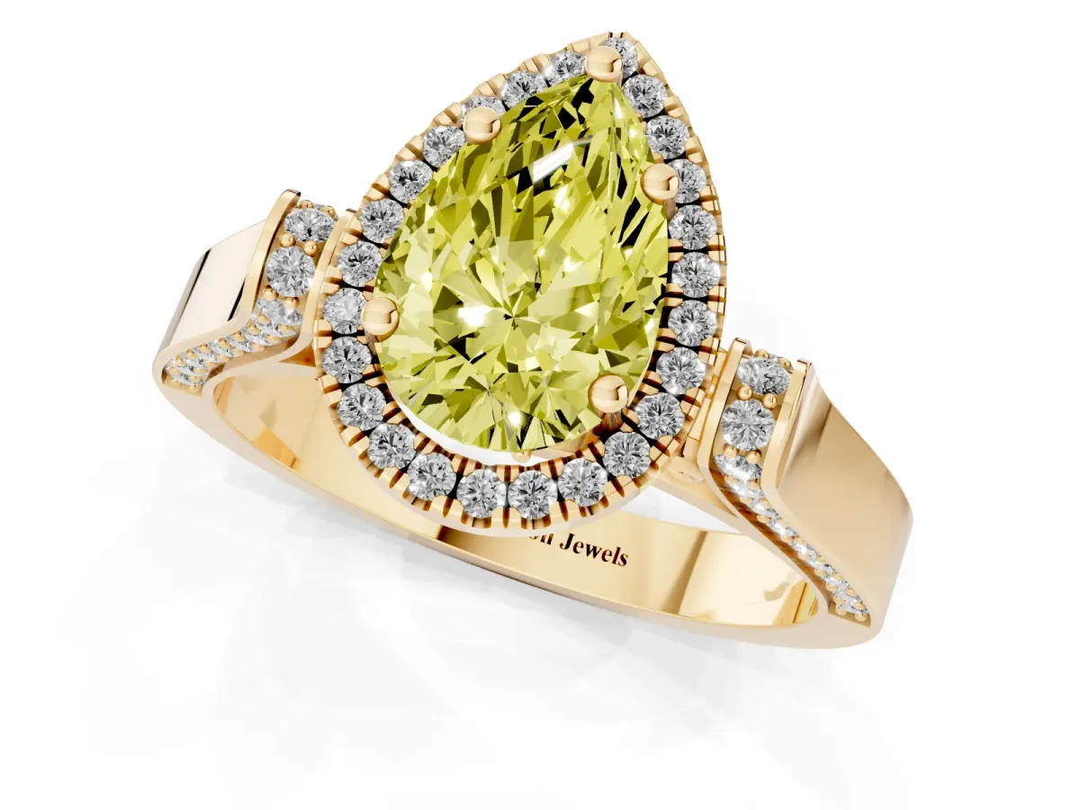 Fancy Yellow Pear Cut Halo Pave Split Shank Prong Setting Ring Yellow gold