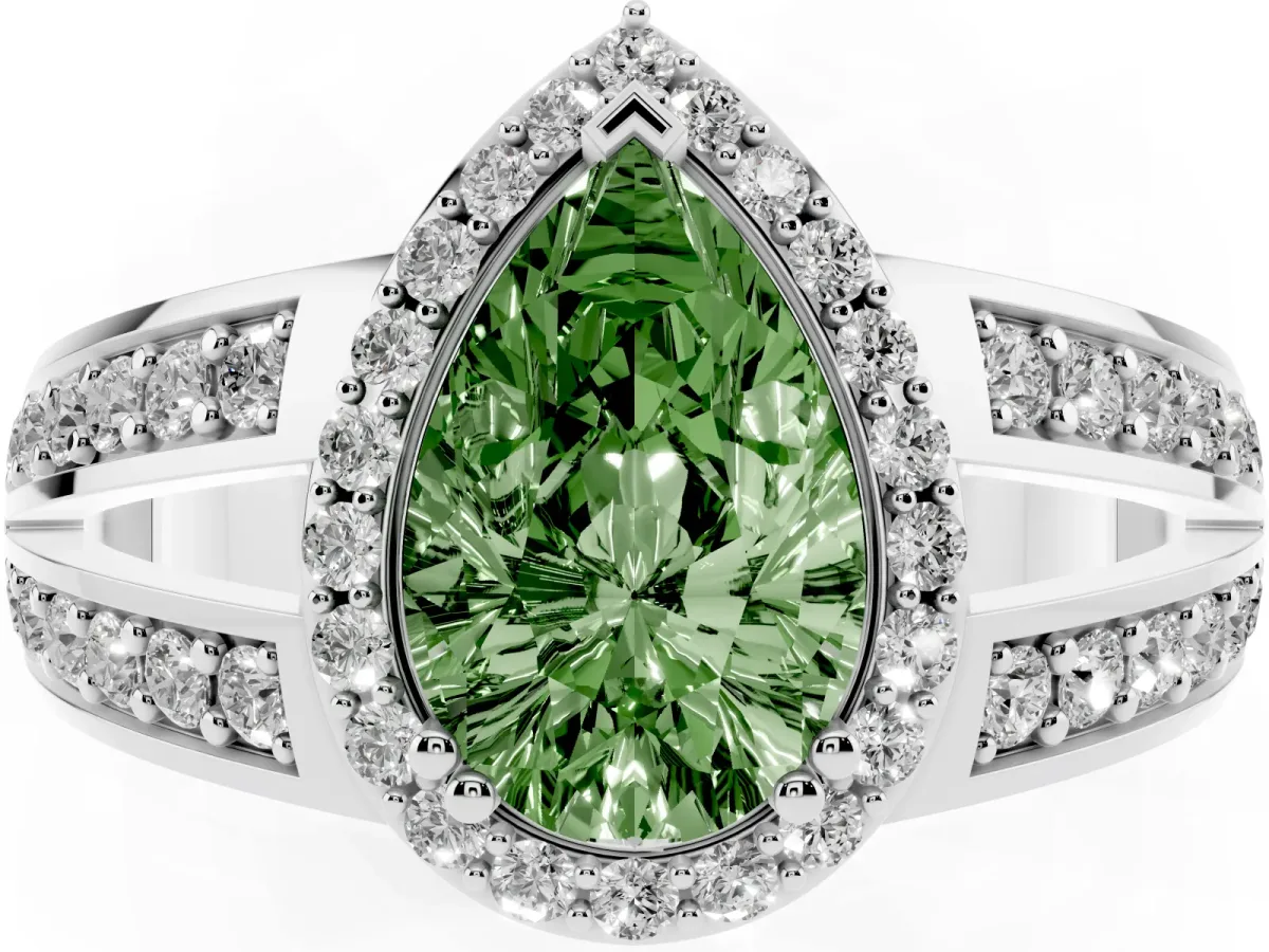Fancy Green Pear Cut Diamond Halo Ring with Split Shank Pavé Band and Four-Prong Setting Platinum