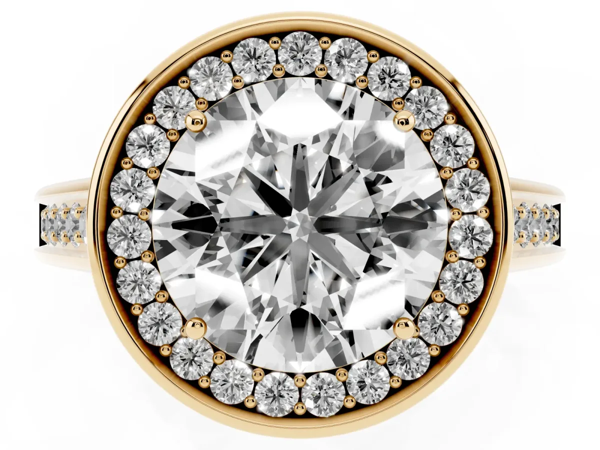 Round Cut Halo Solitaire Diamond Ring with Pave Band and Bezel Setting Yellow gold