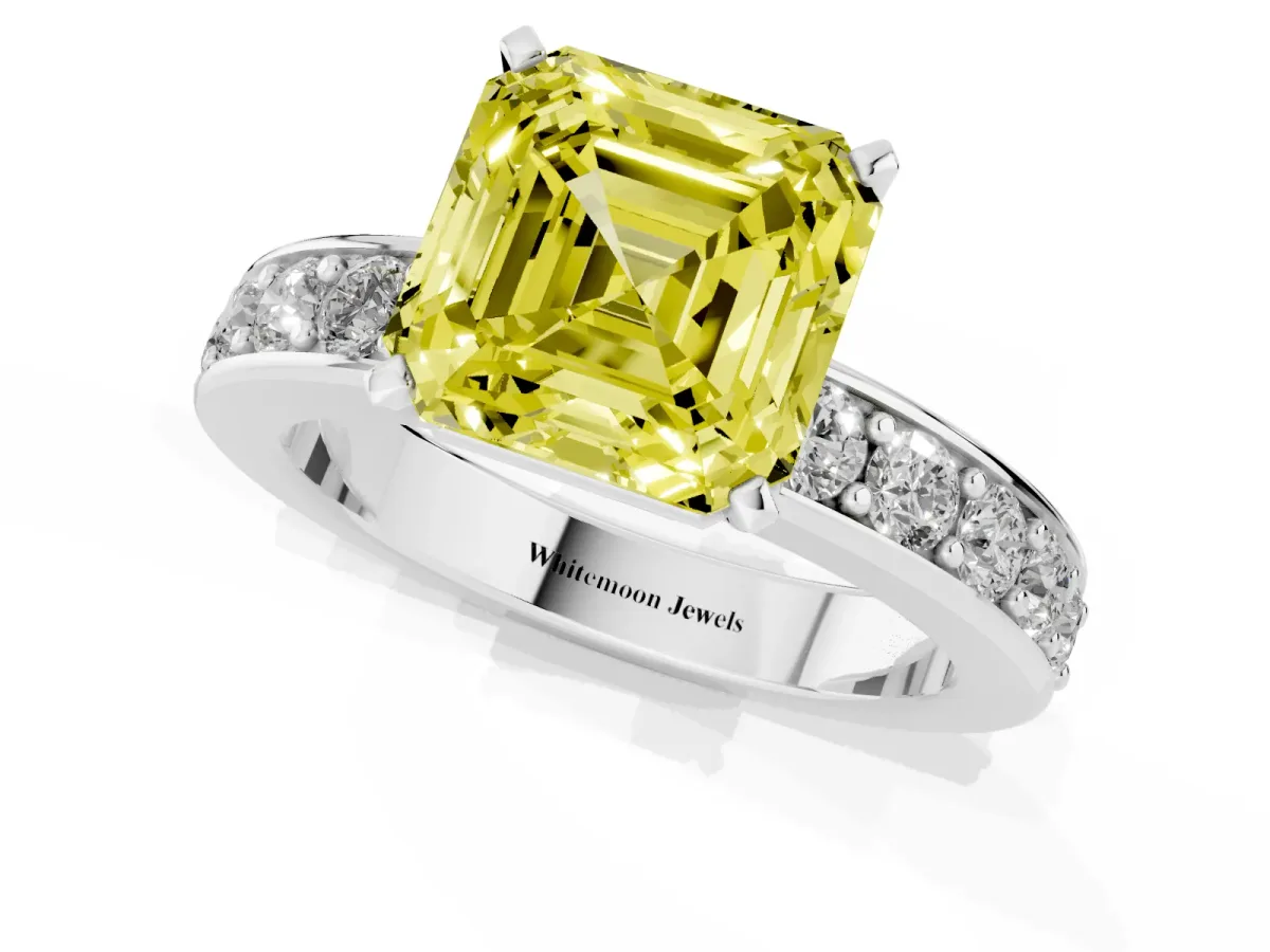 Fancy Yellow Asscher Cut Diamond Engagement Ring with Channel Set Round Band and Prong Setting White gold