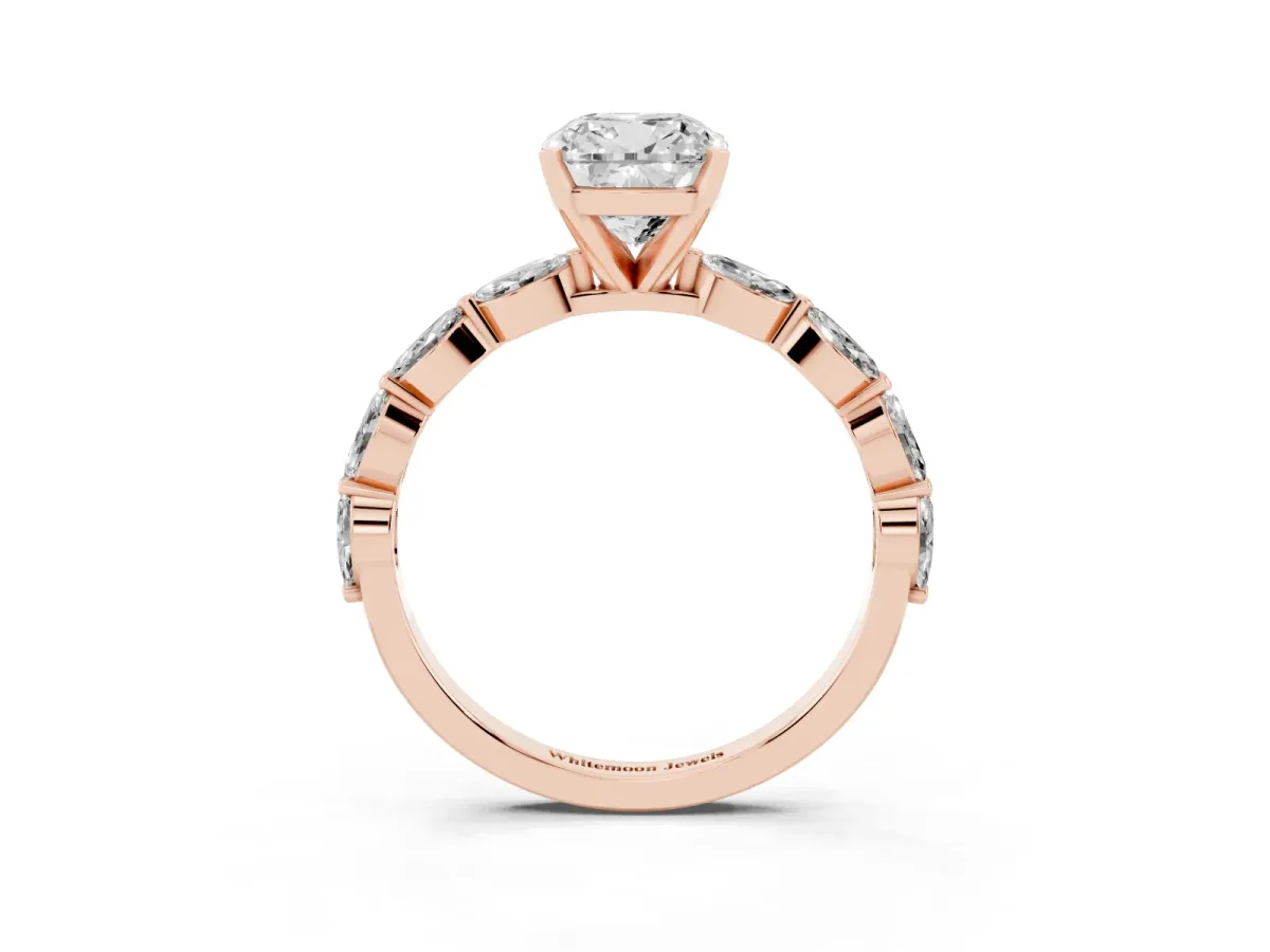Cushion Cut Diamond Ring with Marquise Side Stones and Prong Setting Rose gold