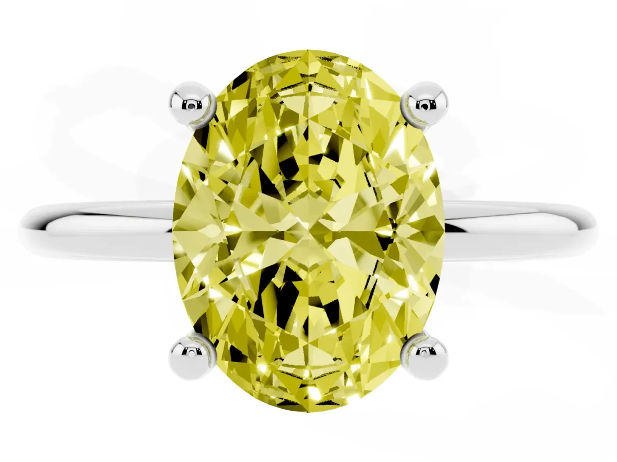 Fancy Yellow Oval Cut Solitaire Diamond Ring with 4-Prong Setting on a Classic Band Platinum
