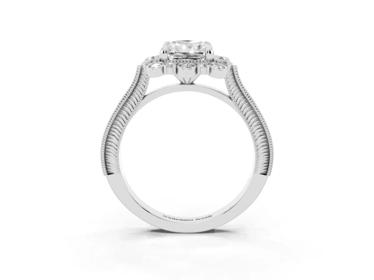 Radiant Cut Halo Milgrain Pave Diamond Ring with Four-Prong Setting Silver