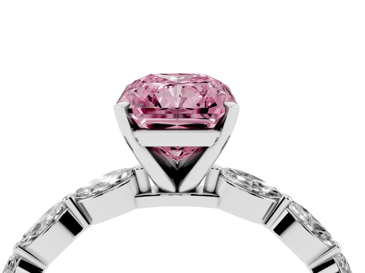 Fancy Pink Radiant Cut Diamond Ring with Marquise Side Stones and Prong Setting Platinum