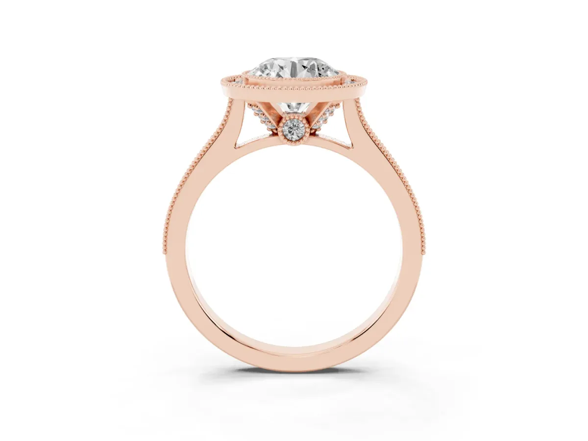Halo Round Cut-Cut Diamond Pave Band Milgrain Prong Setting Ring Rose gold