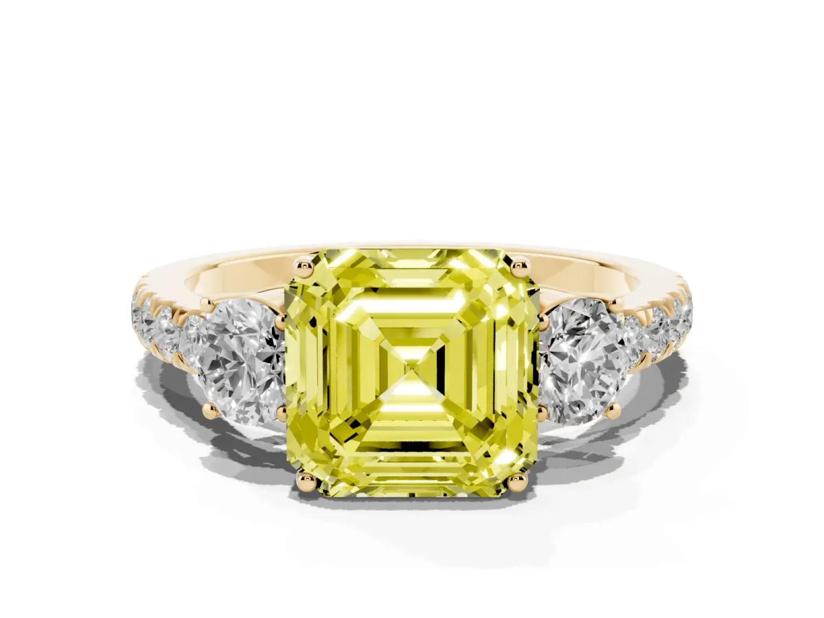 Fancy Yellow Asscher Cut Cut Diamond Three-Stone Ring with Round Side Stones and Pavé Band Yellow gold